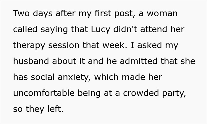 Text message discussing woman's upset about stepdaughter with social anxiety leaving party. Text message discussing woman's upset about stepdaughter with social anxiety leaving party.