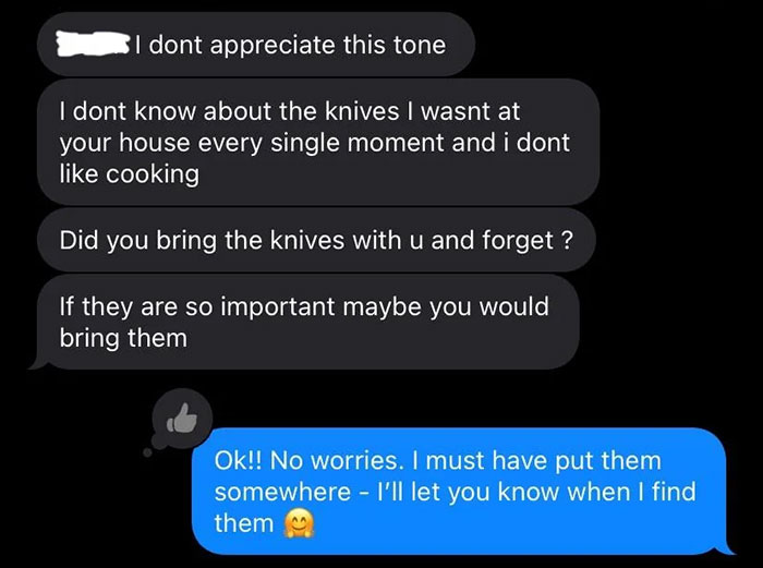 Text conversation about missing knives between roommates in an apartment. Text conversation about missing knives between roommates in an apartment.