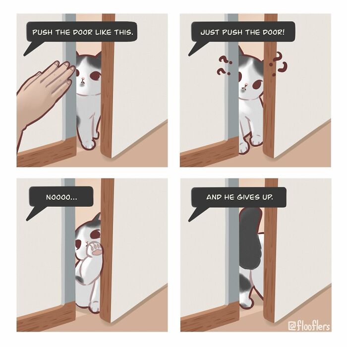 Cat video comic with cat trying to push a door and giving up, illustrated humorously in four panels. Cat video comic with cat trying to push a door and giving up, illustrated humorously in four panels.
