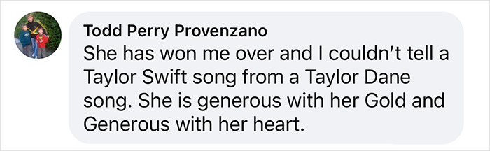 Comment praising Taylor Swift's generosity and kindness. Comment praising Taylor Swift's generosity and kindness.