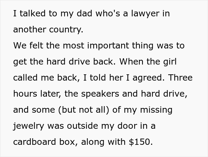 Text about recovering stolen items from a friend's roommate in an apartment. Text about recovering stolen items from a friend's roommate in an apartment.