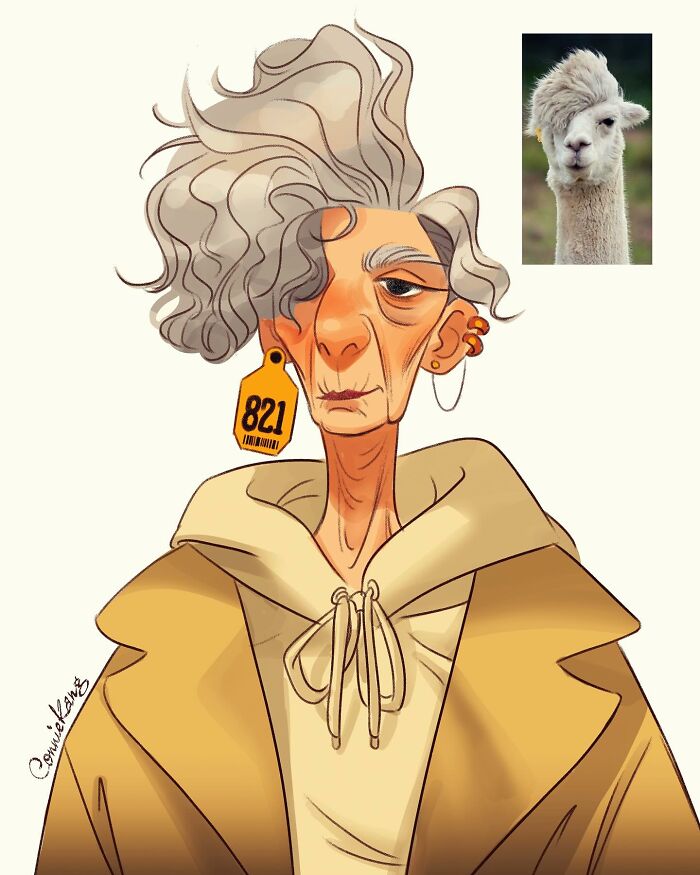 Animal-inspired illustration by Connie Kang featuring a stylish character with alpaca traits and humor.