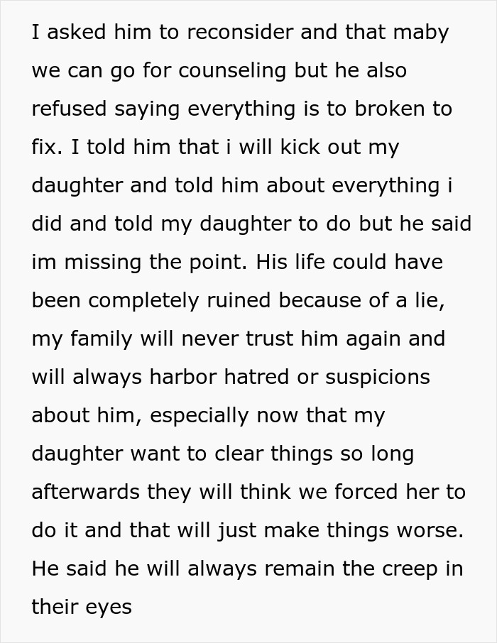 Text describing a family's reaction to a teen's lie about her stepdad, suggesting his life is ruined and family trust is broken. Text describing a family's reaction to a teen's lie about her stepdad, suggesting his life is ruined and family trust is broken.