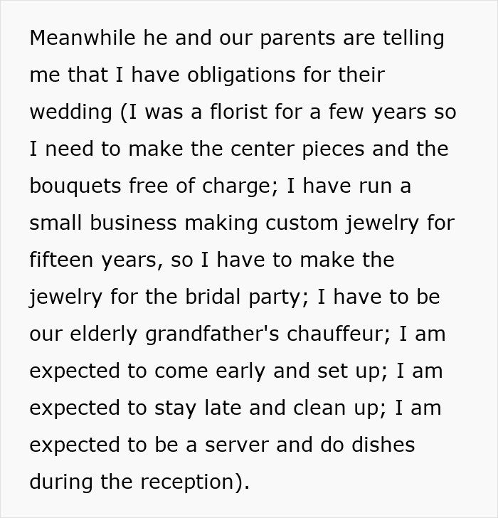 Text outlining a family expecting a woman to handle wedding chores, including floristry and jewelry making, free of charge. Text outlining a family expecting a woman to handle wedding chores, including floristry and jewelry making, free of charge.