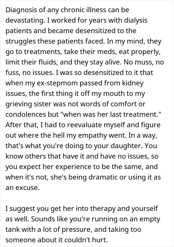 Text discussing the challenges and insensitivity towards chronic illness, focusing on a daughter's struggles with chores. Text discussing the challenges and insensitivity towards chronic illness, focusing on a daughter's struggles with chores.