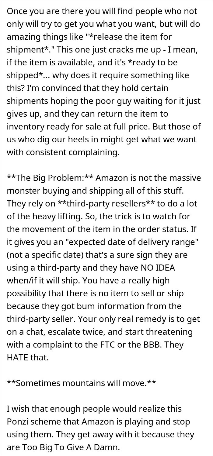 Text explaining a customer's persistence in resolving delivery issues with third-party sellers. Text explaining a customer's persistence in resolving delivery issues with third-party sellers.