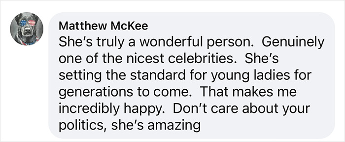Comment praising Taylor Swift as a wonderful person and role model, highlighting her positive influence. Comment praising Taylor Swift as a wonderful person and role model, highlighting her positive influence.