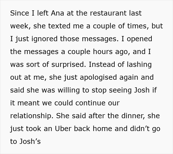Text screenshot discussing leaving Ana at a restaurant, her apology, and taking an Uber home. Text screenshot discussing leaving Ana at a restaurant, her apology, and taking an Uber home.