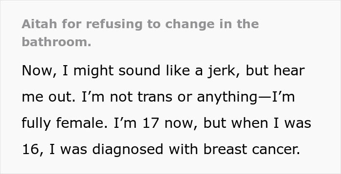 Text image discussing teen's experience with a coach's request for bathroom change due to discomfort concerns. Text image discussing teen's experience with a coach's request for bathroom change due to discomfort concerns.