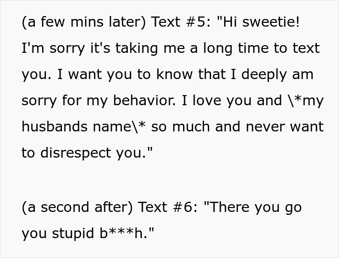 Text exchange highlighting MIL unannounced visit and subsequent upset confrontation. Text exchange highlighting MIL unannounced visit and subsequent upset confrontation.