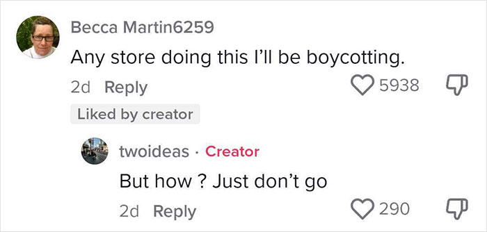 Comments discussing dystopic retail practices, highlighting one user's intent to boycott stores engaging in such tactics. Comments discussing dystopic retail practices, highlighting one user's intent to boycott stores engaging in such tactics.