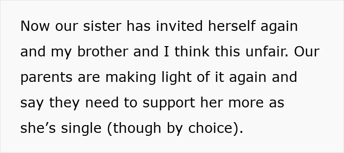 Text discussing fairness of a sister inviting herself for Christmas, with parents siding due to her singleness. Text discussing fairness of a sister inviting herself for Christmas, with parents siding due to her singleness.