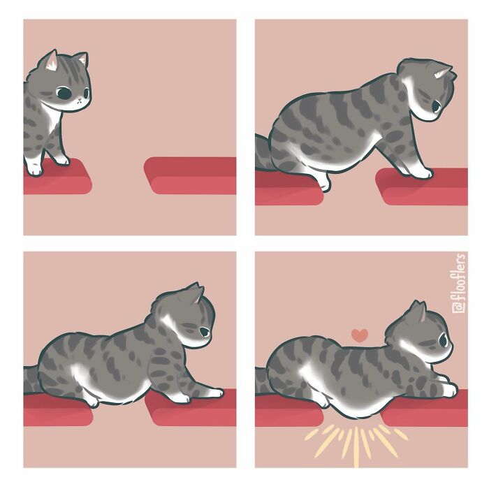 4-panel comic of a cute cat humorously sliding across a surface. 4-panel comic of a cute cat humorously sliding across a surface.
