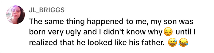 Text conversation about a baby's appearance, referencing the father, with emojis expressing humor and surprise. Text conversation about a baby's appearance, referencing the father, with emojis expressing humor and surprise.
