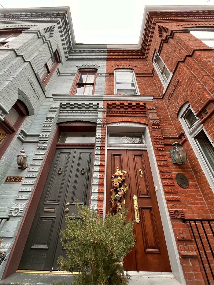 Two adjacent architecturally detailed doors in contrasting colors showcasing impressive architectural feats in a residential area.