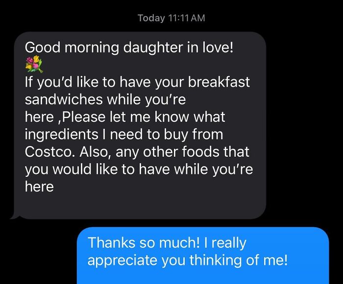 Text exchange showing a thoughtful message from an amazing mother-in-law asking about breakfast preferences.