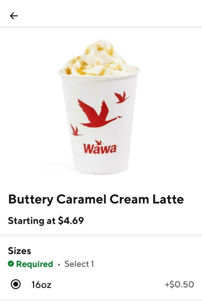 Cup of Wawa Buttery Caramel Cream Latte priced at $4.69, showcasing potential deceptive-marketing-techniques.