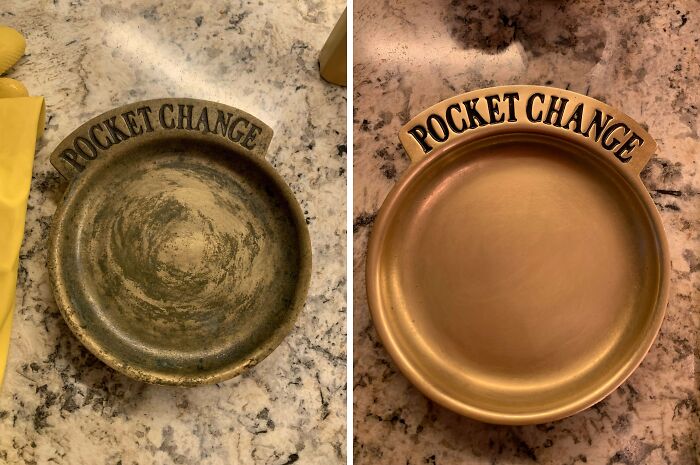 Restored pocket change tray, showing transformation from tarnished to polished.