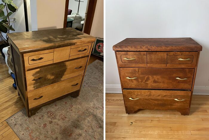 Restored old dresser showing before and after transformation, highlighting restoration techniques and results.