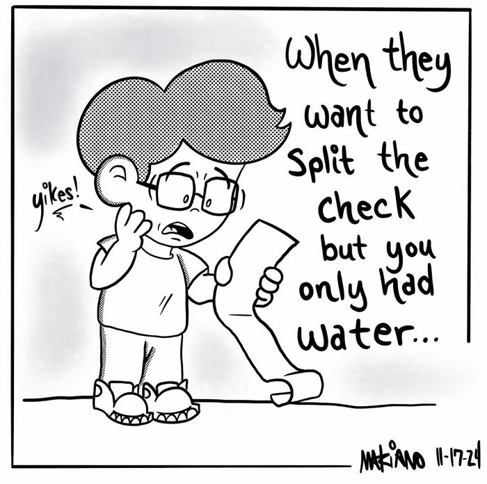 Cartoon by Mariano Velasco shows a character reacting to a check, highlighting everyday life humor.