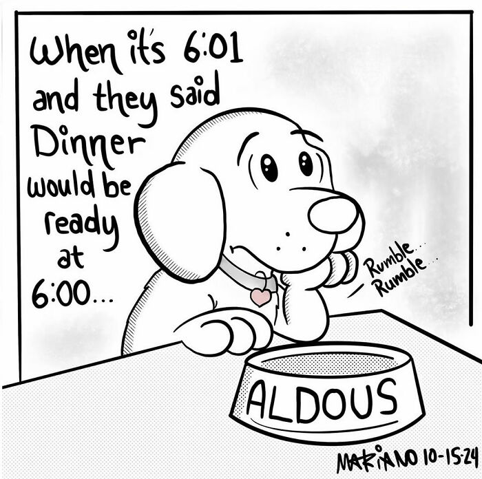 Adorable cartoon dog waiting patiently by an empty food bowl, expressing everyday humor by Mariano Velasco.