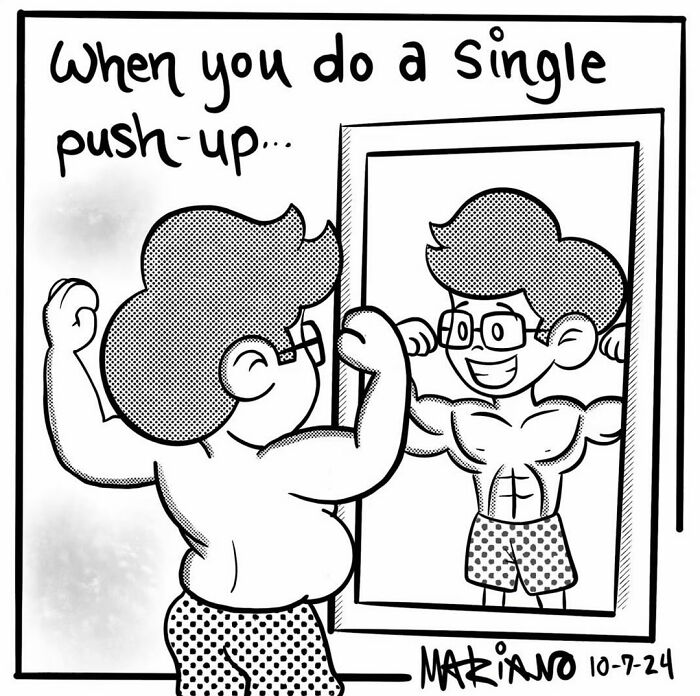 Cartoon by Mariano Velasco showing a character flexing in a mirror after one push-up.