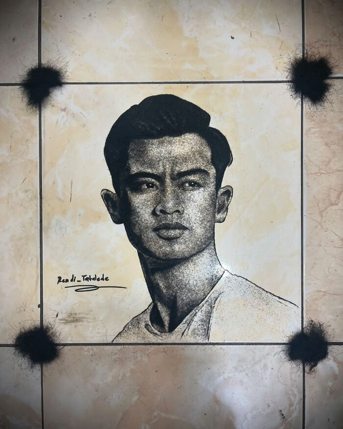 Unique portrait created using cut hair, showcasing the creative skills of a talented barber.