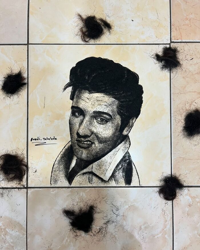 Portrait made of cut hair by a creative barber on a tiled floor, signed by the artist.