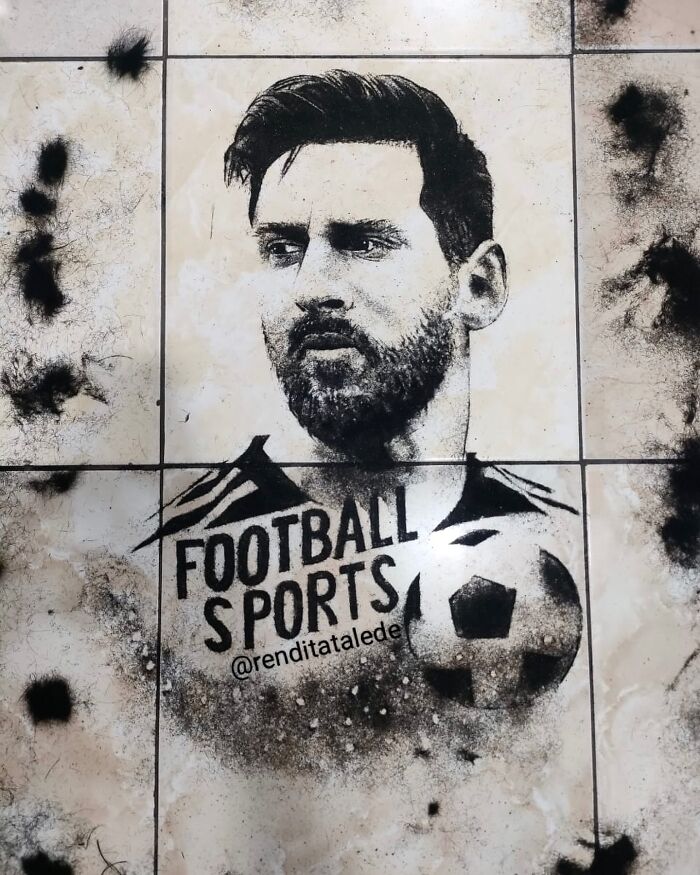 Unique portrait created from cut hair by a creative barber, featuring a football theme.