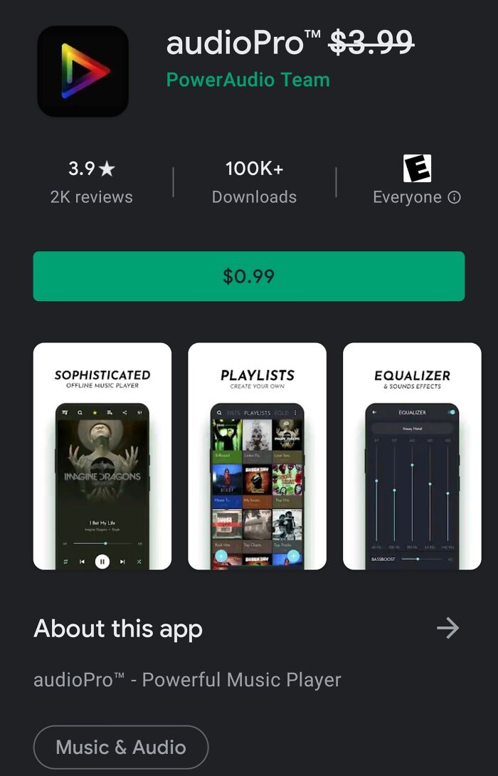 Audio app displaying deceptive marketing techniques with a marked-down price and features like playlists and equalizer.