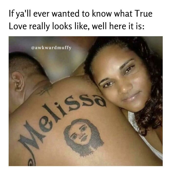 Man with a tattoo featuring "Melissa" and a poorly drawn face, exemplifying funny worst tattoo fails.