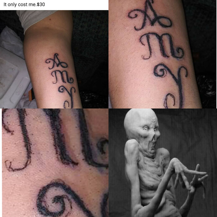 Arm with poorly done "Amy" tattoo in black ink, referencing worst tattoo fail.