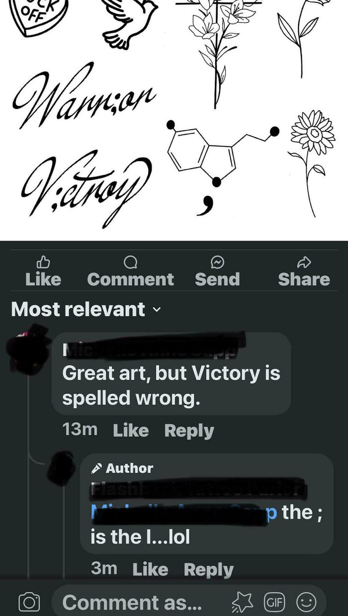 Spelling error in tattoo: "Victory" appears as "Vic;ory," humorously highlighted in a comment.