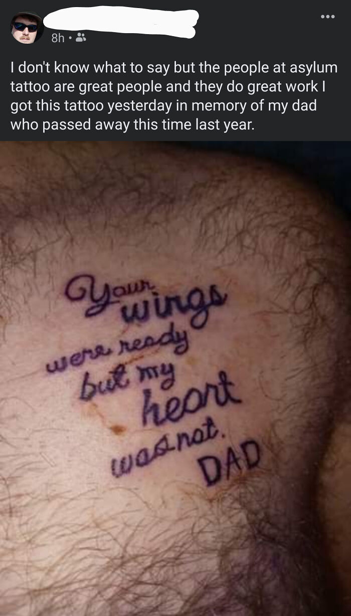 Tattoo text fail with misspelled tribute message in dark ink on skin.