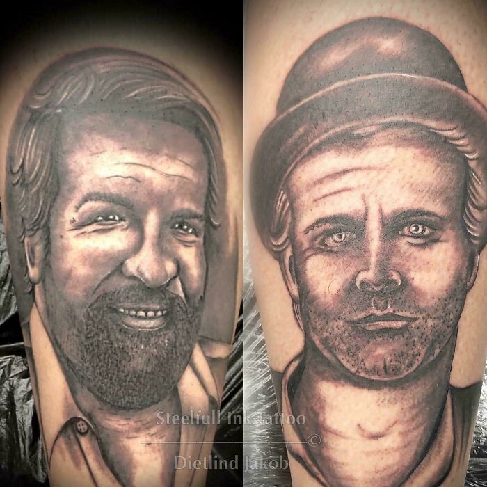 Two poorly executed portrait tattoos on skin displaying funny worst tattoo fails.