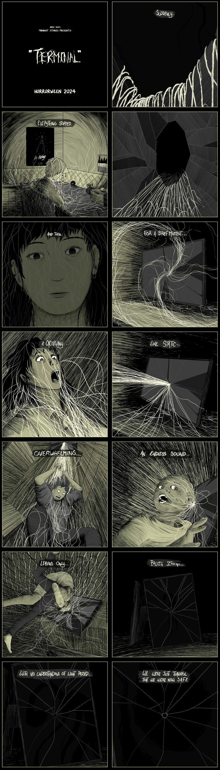 Darkly funny comic strip by Aidee Sea, featuring eerie illustrations and twisted humor.