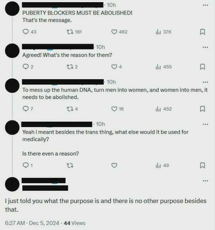 Online conversation roasting confidently incorrect views about puberty blockers in an active social media thread.