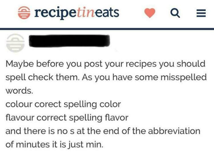 Screenshot of a social media roast showing a confident correction of spelling errors in an online cooking group.