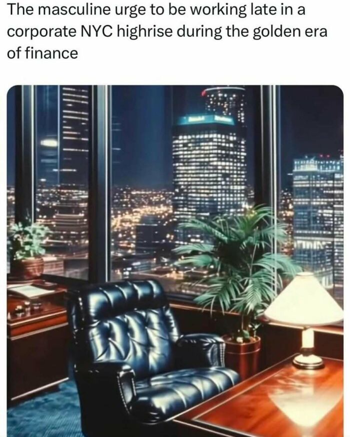 NYC highrise office scene at night, highlighting the male mind humor with an empty chair and city lights outside.