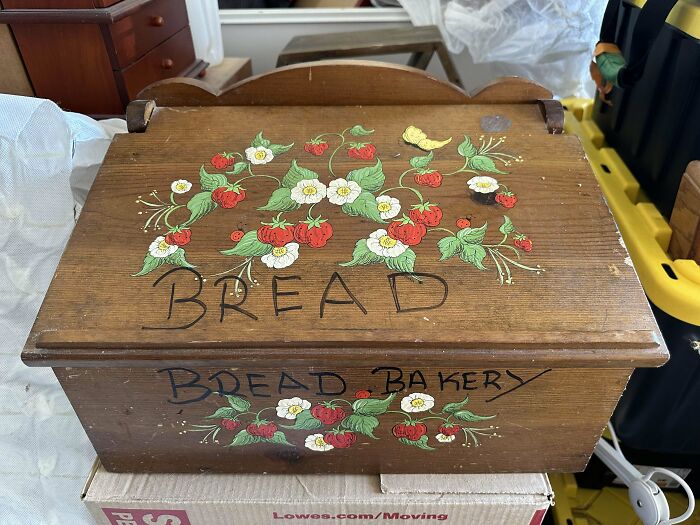 Vintage wooden bread box with floral design found while thrifting, labeled "Bread" and "Bread Bakery."