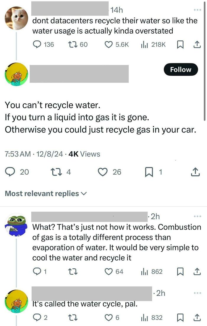 Social media users roasting confidently incorrect claims about water recycling and data center water usage.