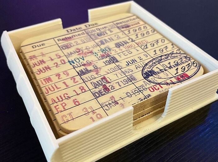 Coasters featuring library due date card design, ideal gifts for teachers.