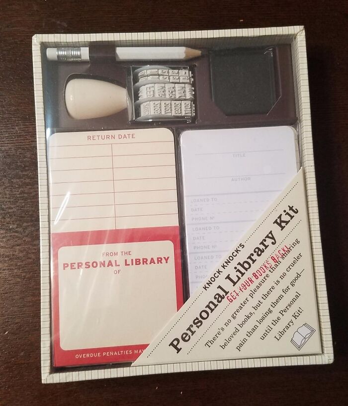 Personal library kit, perfect gifts for teachers, featuring library cards, stamp, and pencil in packaging.