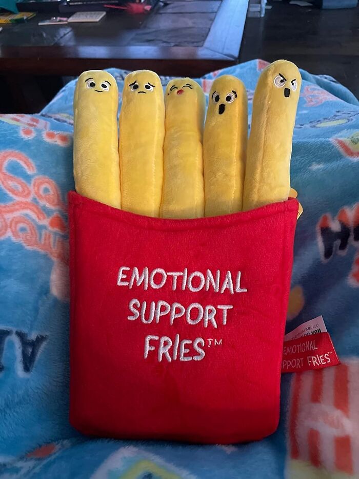 Plush toy fries with faces labeled "Emotional Support Fries," perfect last-minute stocking stuffer gift idea.