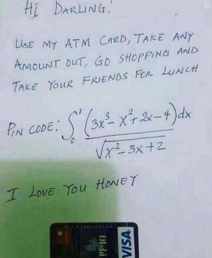 ATM card note with a complex math equation as the PIN code, showcasing a humorous science meme.
