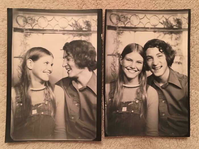 Smiling teenagers in '70s high school fashion, wearing denim overalls and collared shirts, in a vintage black-and-white photo booth. Smiling teenagers in '70s high school fashion, wearing denim overalls and collared shirts, in a vintage black-and-white photo booth.