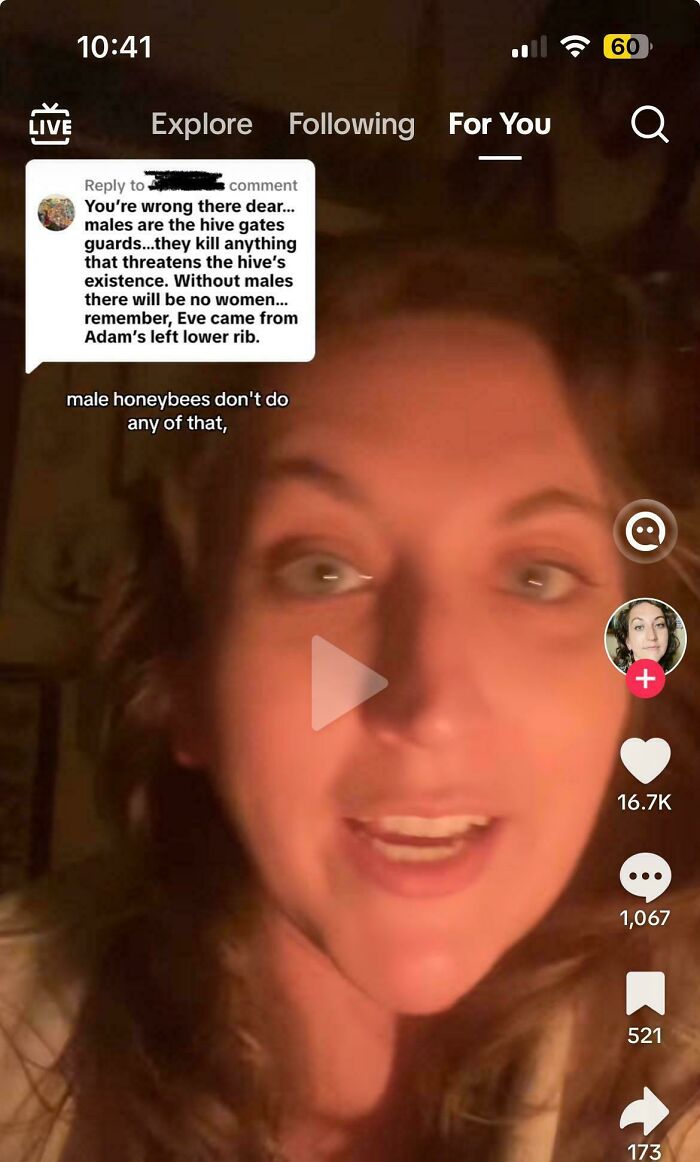 A woman confidently roasting a confidently incorrect comment about male honeybees in an online group discussion.