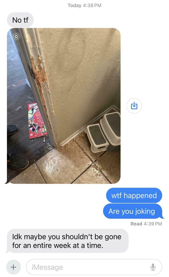 Damaged door frame with cluttered floor, sent in a text conversation about infuriating family members and house mess.