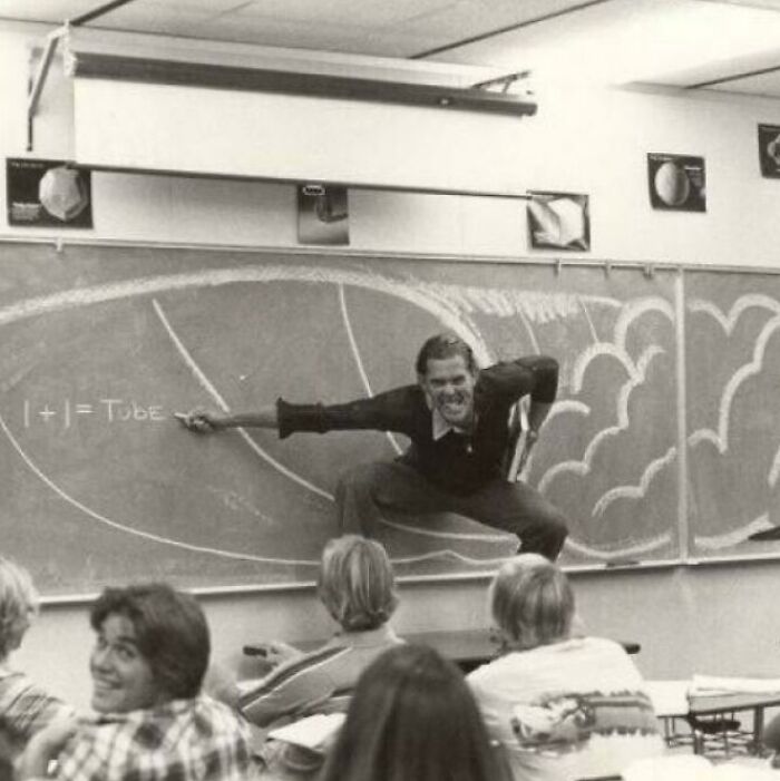 Teacher humorously poses on classroom blackboard in 1970s high school, engaging students with a creative lesson. Teacher humorously poses on classroom blackboard in 1970s high school, engaging students with a creative lesson.