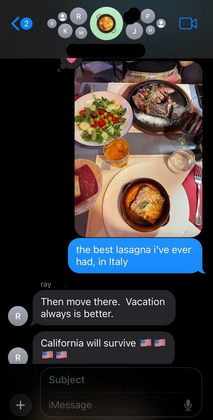 Text message exchange with infuriating family members over lasagna in Italy and vacation preferences.